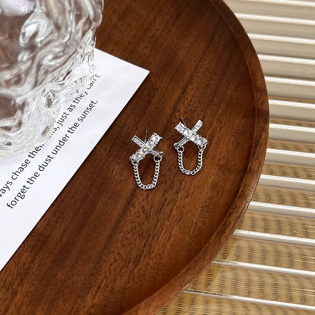 Zircon Cross Chain Earrings