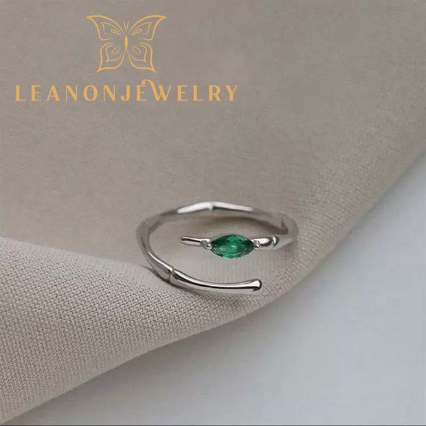 French Vintage Bamboo Emerald Zirconia Adjustable Ring