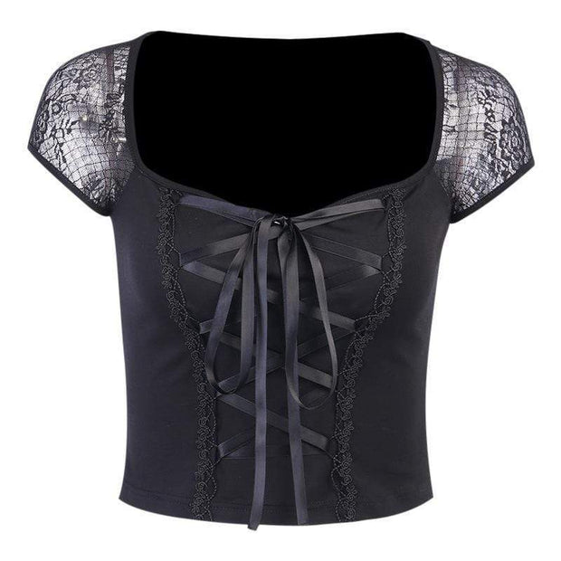 Women's Sheer Mesh Sleeved Lace-up Fitted Tops