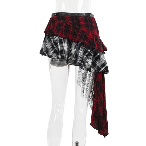 Red Plaid Spice Girl Irregular Half Skirt Women