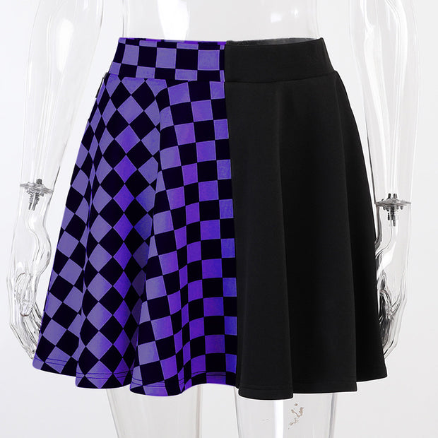 Dark Plaid Two-Tone Colorblocked Half-Body Skirt