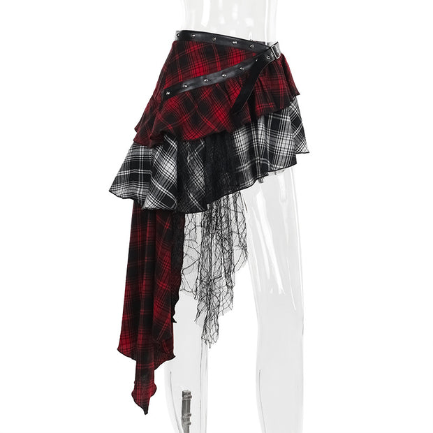 Red Plaid Spice Girl Irregular Half Skirt Women