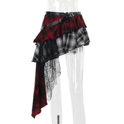 Red Plaid Spice Girl Irregular Half Skirt Women