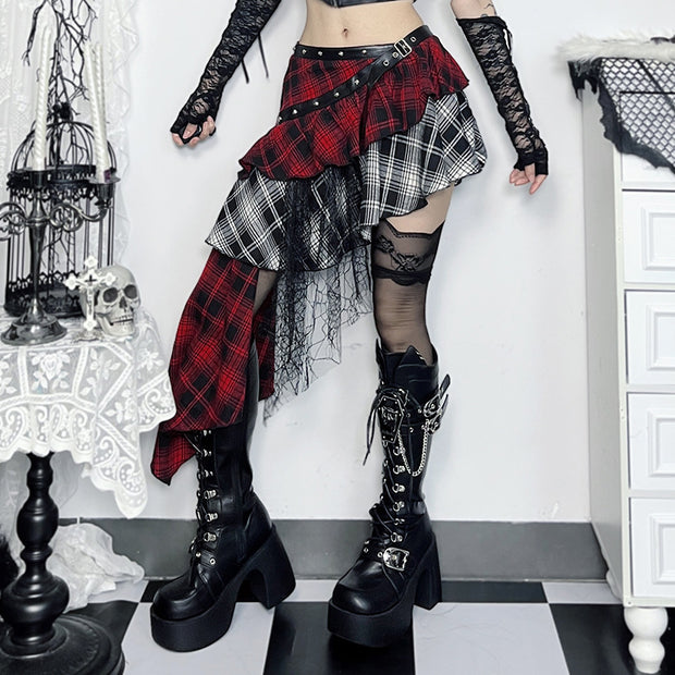 Red Plaid Spice Girl Irregular Half Skirt Women