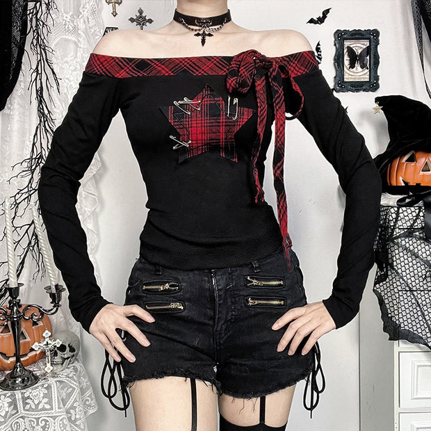 Strapless Red Plaid Patchwork Top Women