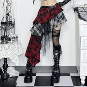 Red Plaid Spice Girl Irregular Half Skirt Women