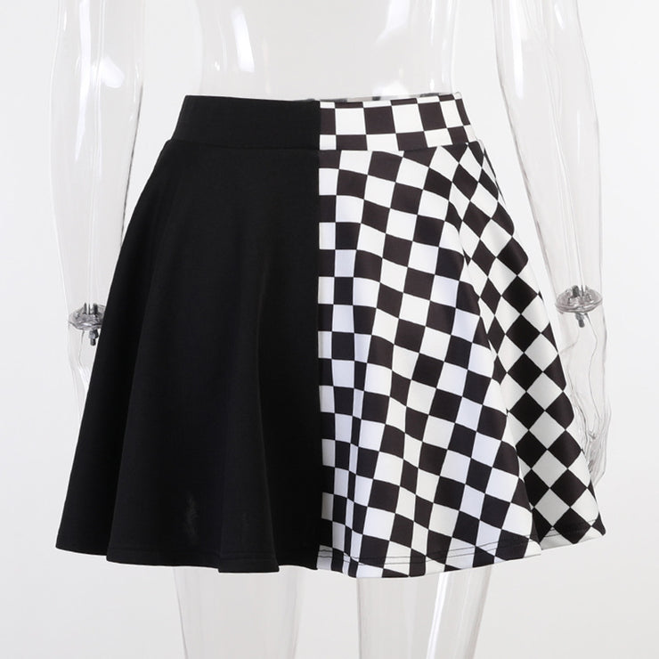 Dark Plaid Two-Tone Colorblocked Half-Body Skirt