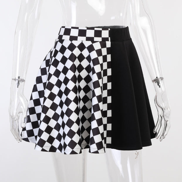 Dark Plaid Two-Tone Colorblocked Half-Body Skirt