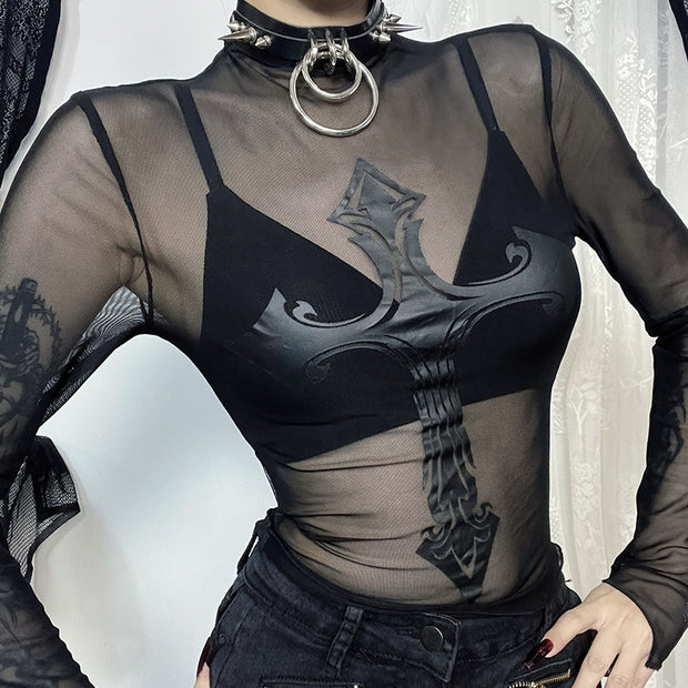 Mesh Cross Print Long Sleeve Top