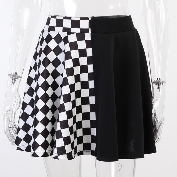 Dark Plaid Two-Tone Colorblocked Half-Body Skirt