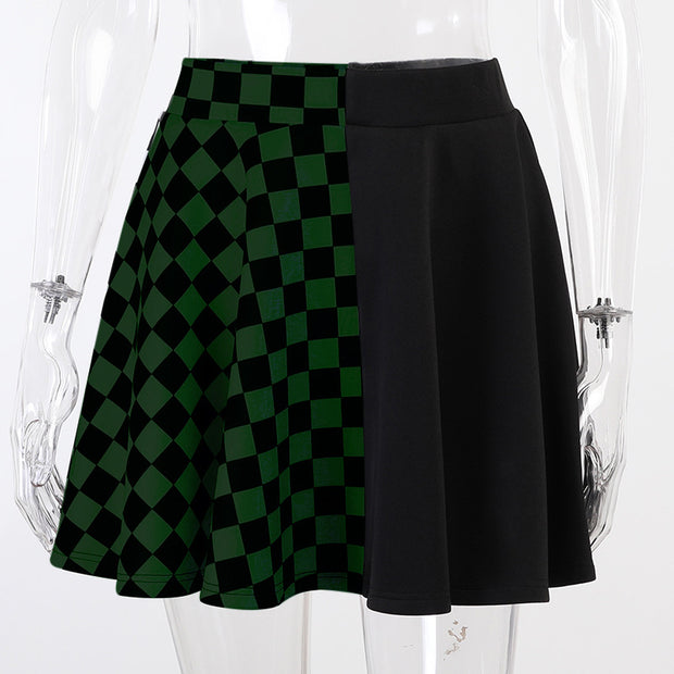 Dark Plaid Two-Tone Colorblocked Half-Body Skirt