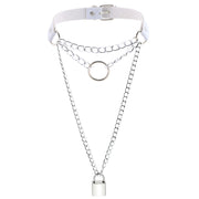 Women's Metal Chain Faux Leather Choker With Lock&Key