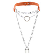 Women's Metal Chain Faux Leather Choker With Lock&Key