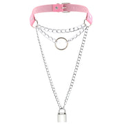 Women's Metal Chain Faux Leather Choker With Lock&Key