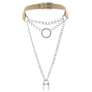 Women's Metal Chain Faux Leather Choker With Lock&Key