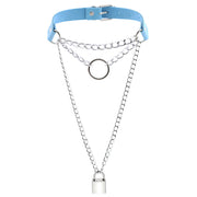 Women's Metal Chain Faux Leather Choker With Lock&Key