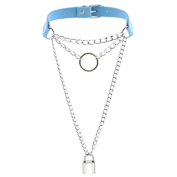 Women's Metal Chain Faux Leather Choker With Lock&Key