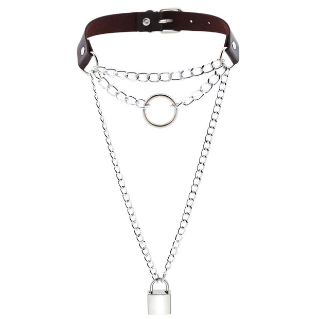 Women's Metal Chain Faux Leather Choker With Lock&Key