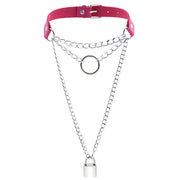 Women's Metal Chain Faux Leather Choker With Lock&Key