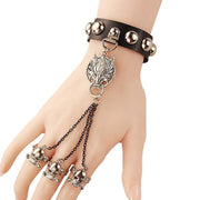 Women's Punk Black Faux Leather Bracelet With Three Skull Ring