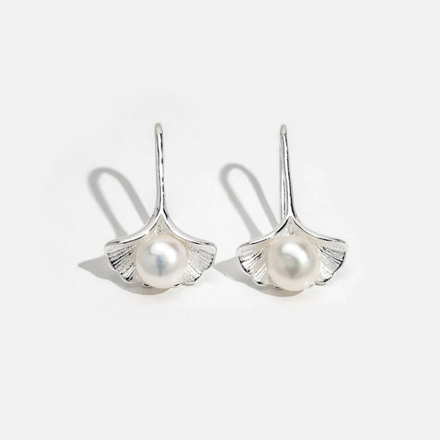 Sterling Silver Ginkgo Leaf Pearl Hoop Earrings