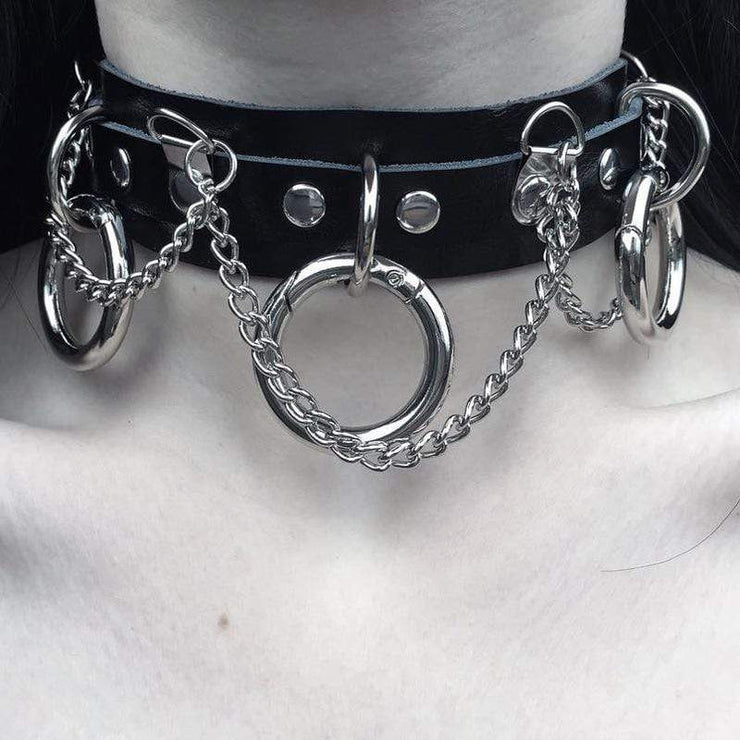 Women's Punk Metal Chains Faux Leather Wide Choker With Three Rings