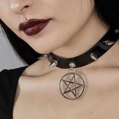 Women's Rivets Pentacle Pendant PU Chokers