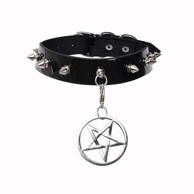 Women's Rivets Pentacle Pendant PU Chokers